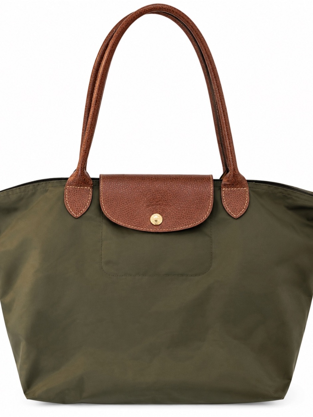 Longchamp Le Pliage Large Olive Green Shoulder Tote Brown Leather